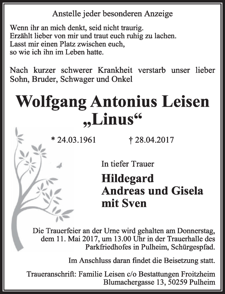  Traueranzeige für Wolfgang Antonius Leisen vom 06.05.2017 aus  Sonntags-Post 