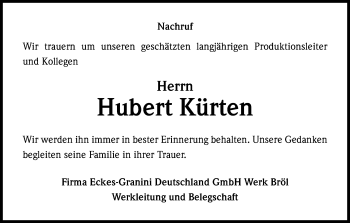 Anzeige von Hubert Kürten von Kölner Stadt-Anzeiger / Kölnische Rundschau / Express