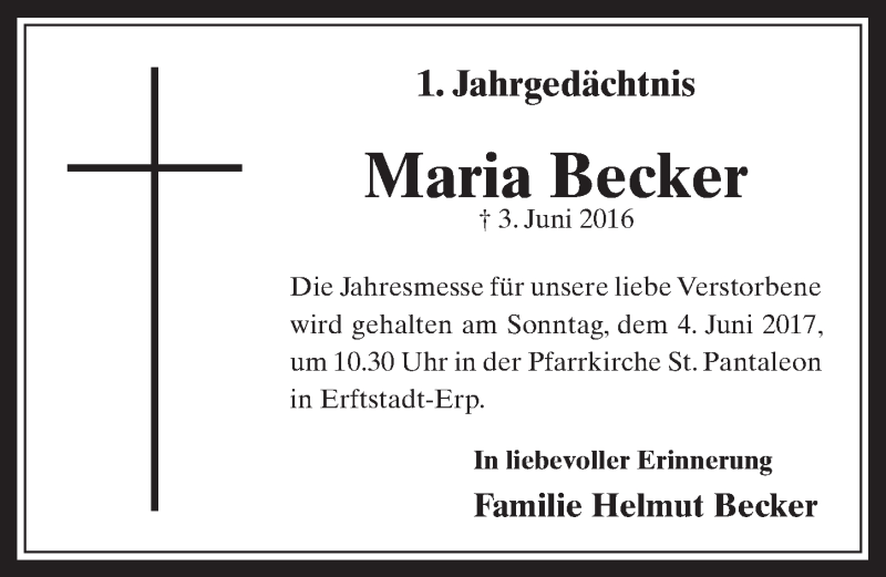  Traueranzeige für Maria Becker vom 31.05.2017 aus  Werbepost 