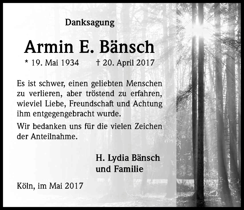 Traueranzeige für Armin E. Bänsch vom 13.05.2017 aus Kölner Stadt-Anzeiger / Kölnische Rundschau / Express