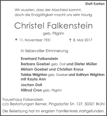 Anzeige von Christel Falkenstein von  Schlossbote/Werbekurier 