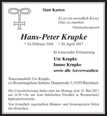 Anzeige von Hans-Peter Krupke von  Schaufenster/Blickpunkt 