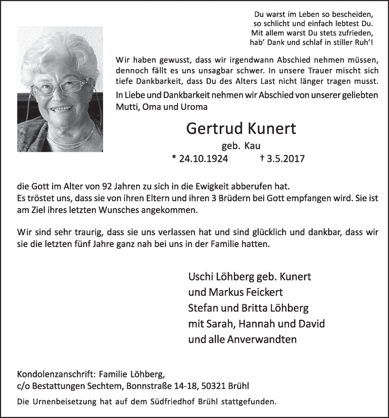  Traueranzeige für Gertrud Kunert vom 17.05.2017 aus  Schlossbote/Werbekurier 
