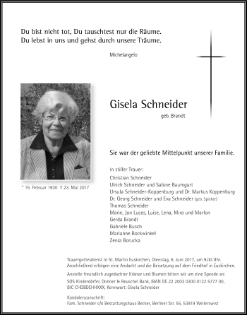 Anzeige von Gisela Schneider von Kölner Stadt-Anzeiger / Kölnische Rundschau / Express