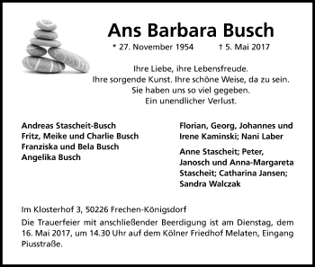 Anzeige von Ans Barbara Busch von Kölner Stadt-Anzeiger / Kölnische Rundschau / Express