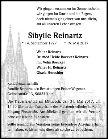 Anzeige von Sibylle Reinartz von Kölner Stadt-Anzeiger / Kölnische Rundschau / Express