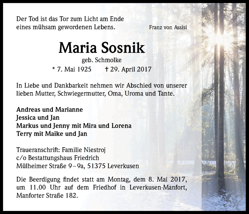  Traueranzeige für Maria Sosnik vom 05.05.2017 aus Kölner Stadt-Anzeiger / Kölnische Rundschau / Express