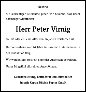 Anzeige von Peter Virnig von Kölner Stadt-Anzeiger / Kölnische Rundschau / Express