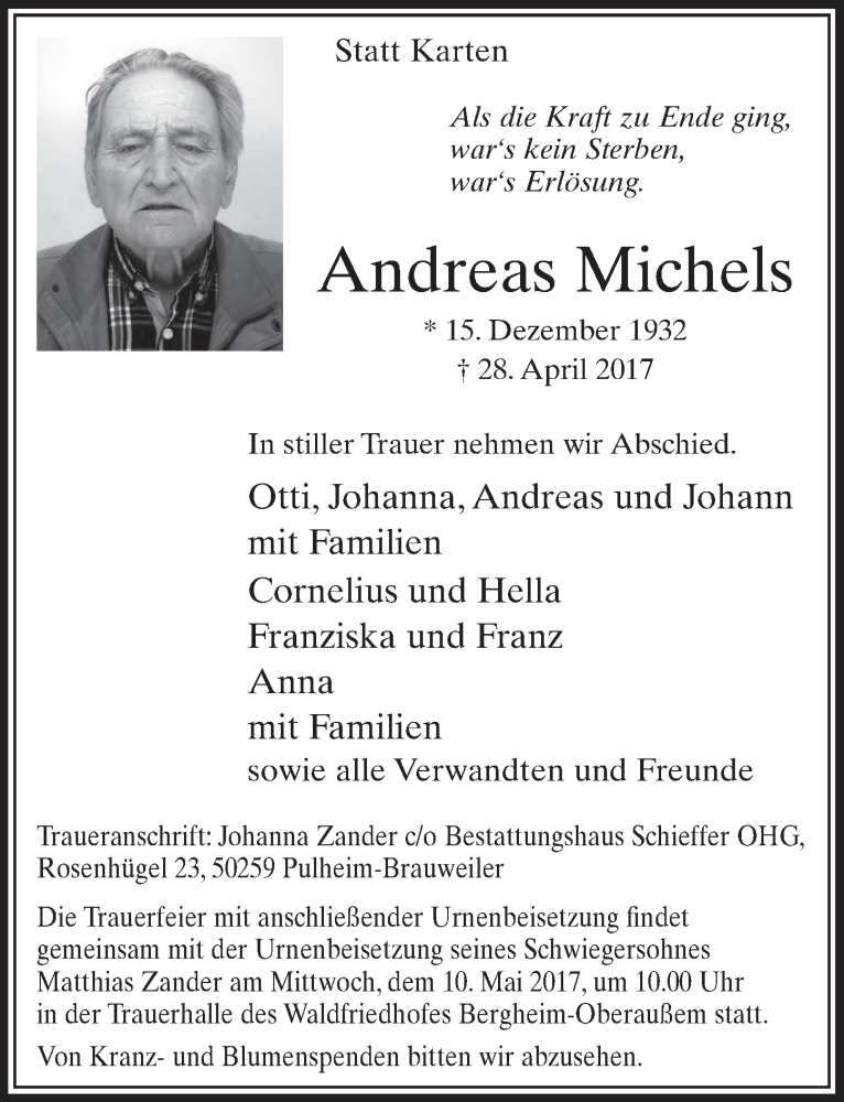  Traueranzeige für Andreas Michels vom 06.05.2017 aus  Sonntags-Post 