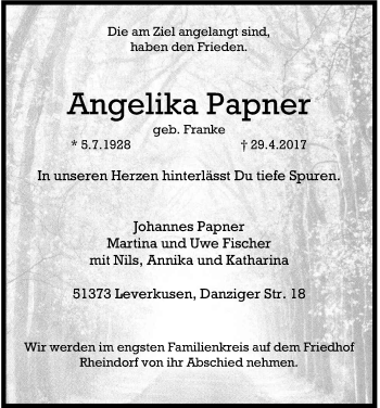 Anzeige von Angelika Papner von Kölner Stadt-Anzeiger / Kölnische Rundschau / Express