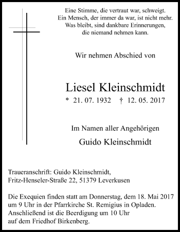 Anzeige von Liesel Kleinschmidt von Kölner Stadt-Anzeiger / Kölnische Rundschau / Express