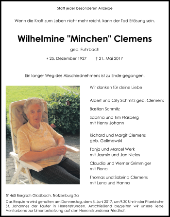 Anzeige von Wilhelmine Clemens von Kölner Stadt-Anzeiger / Kölnische Rundschau / Express