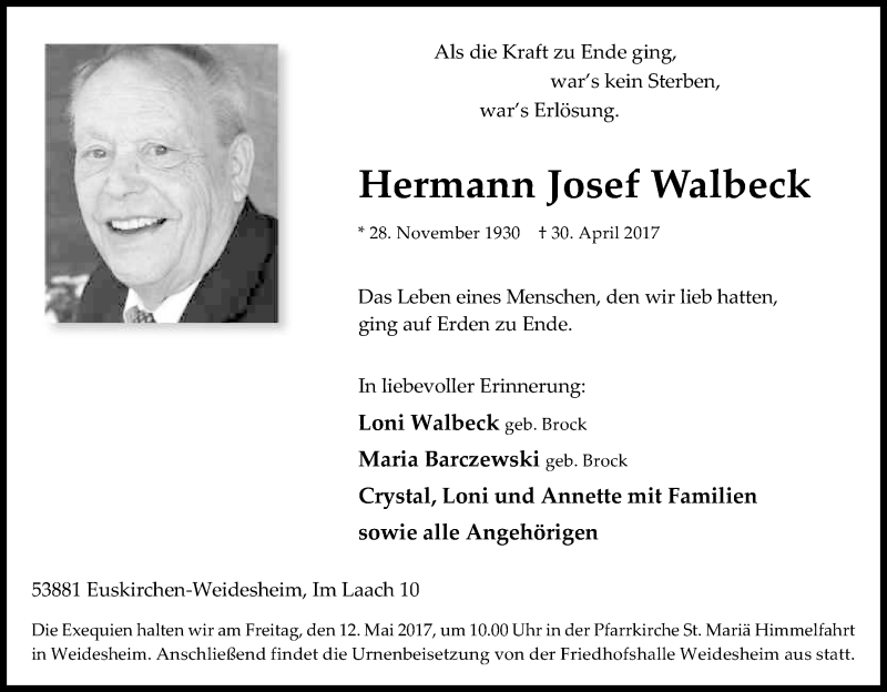  Traueranzeige für Hermann Josef Walbeck vom 06.05.2017 aus Kölner Stadt-Anzeiger / Kölnische Rundschau / Express