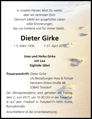 Anzeige von Dieter Girke von Kölner Stadt-Anzeiger / Kölnische Rundschau / Express