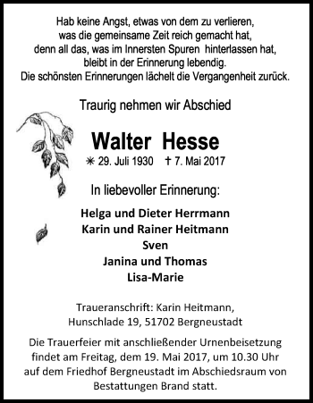 Anzeige von Walter Hesse von Kölner Stadt-Anzeiger / Kölnische Rundschau / Express