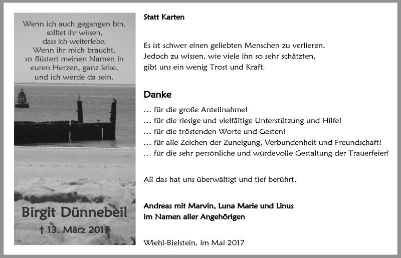  Traueranzeige für Birgit Dünnebeil vom 17.05.2017 aus  Anzeigen Echo 