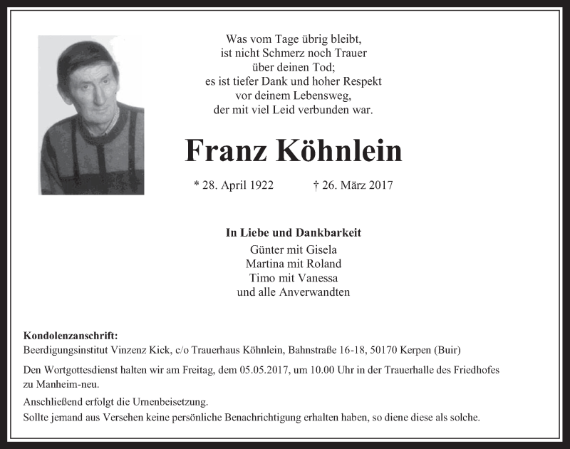  Traueranzeige für Franz Köhnlein vom 03.05.2017 aus  Werbepost 