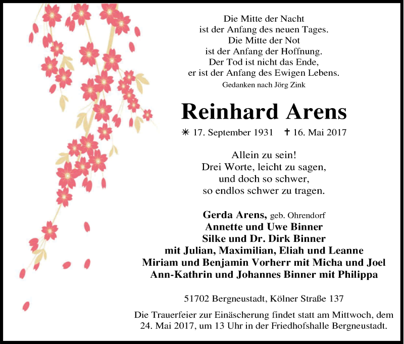  Traueranzeige für Reinhard Arens vom 20.05.2017 aus Kölner Stadt-Anzeiger / Kölnische Rundschau / Express