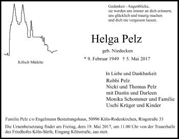 Anzeige von Helga Pelz von Kölner Stadt-Anzeiger / Kölnische Rundschau / Express