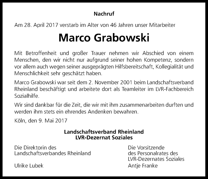  Traueranzeige für Marco Grabowski vom 12.05.2017 aus Kölner Stadt-Anzeiger / Kölnische Rundschau / Express