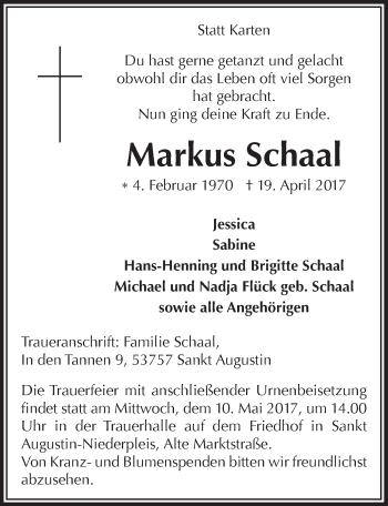 Anzeige von Markus Schaal von  Extra Blatt 
