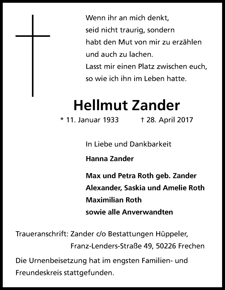  Traueranzeige für Hellmut Zander vom 20.05.2017 aus Kölner Stadt-Anzeiger / Kölnische Rundschau / Express