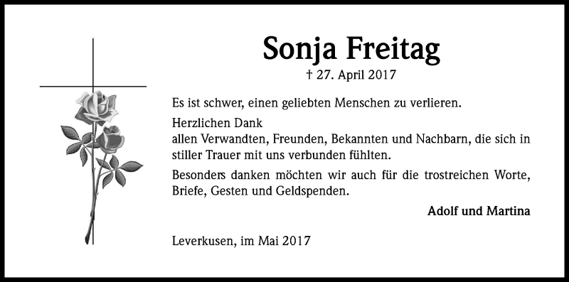  Traueranzeige für Sonja Freitag vom 27.05.2017 aus Kölner Stadt-Anzeiger / Kölnische Rundschau / Express