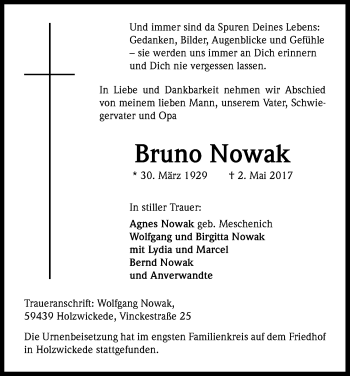 Anzeige von Bruno Nowak von Kölner Stadt-Anzeiger / Kölnische Rundschau / Express