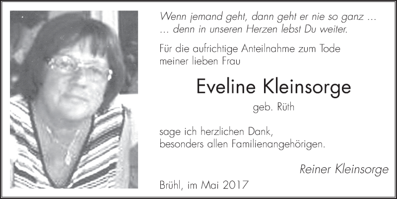  Traueranzeige für Eveline Kleinsorge vom 24.05.2017 aus  Schlossbote/Werbekurier 