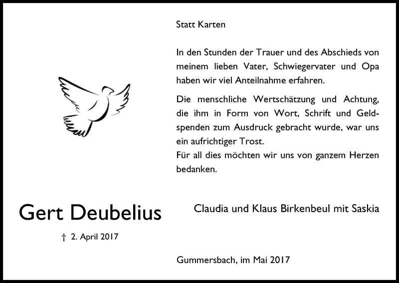  Traueranzeige für Gert Deubelius vom 27.05.2017 aus Kölner Stadt-Anzeiger / Kölnische Rundschau / Express