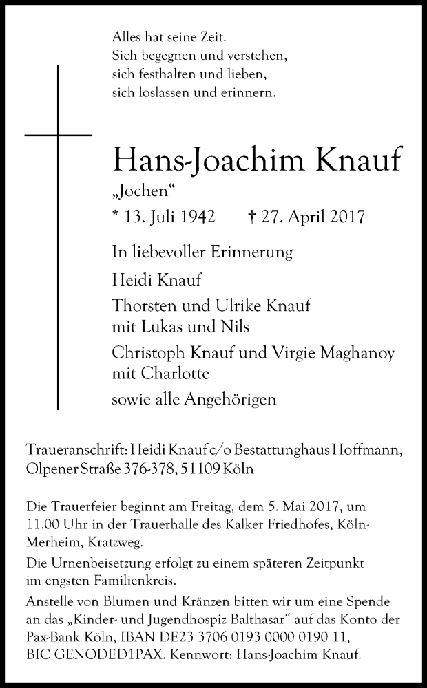  Traueranzeige für Hans-Joachim Knauf vom 03.05.2017 aus Kölner Stadt-Anzeiger / Kölnische Rundschau / Express
