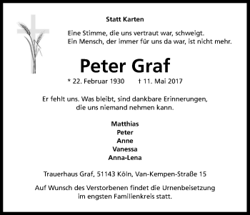 Anzeige von Peter Graf von Kölner Stadt-Anzeiger / Kölnische Rundschau / Express