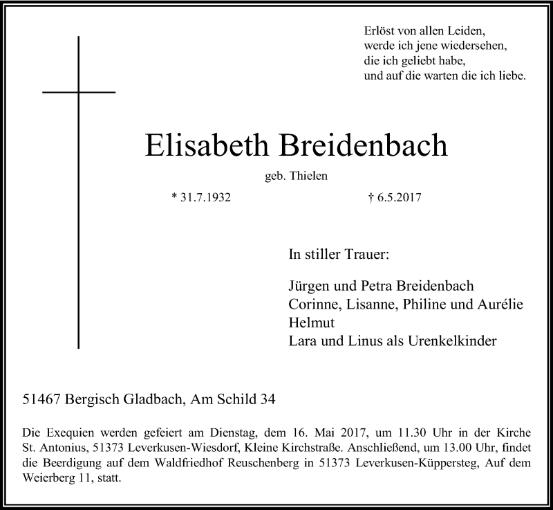  Traueranzeige für Elisabeth Breidenbach vom 13.05.2017 aus Kölner Stadt-Anzeiger / Kölnische Rundschau / Express