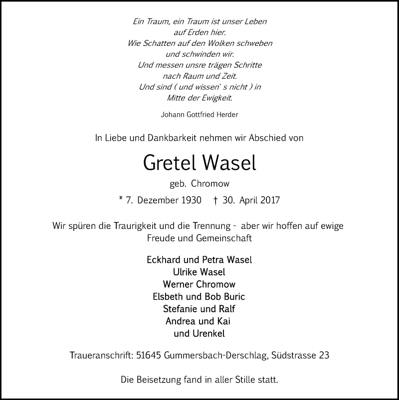  Traueranzeige für Gretel Wasel vom 10.05.2017 aus  Anzeigen Echo 