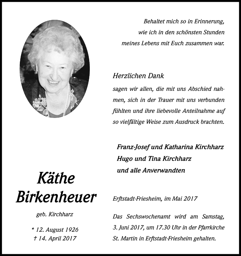  Traueranzeige für Katharina Birkenheuer vom 13.05.2017 aus Kölner Stadt-Anzeiger / Kölnische Rundschau / Express