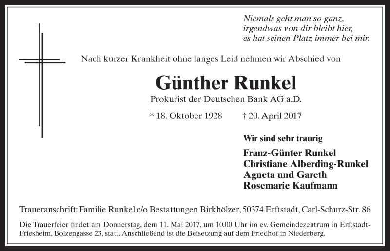  Traueranzeige für Günther Runkel vom 10.05.2017 aus  Werbepost 