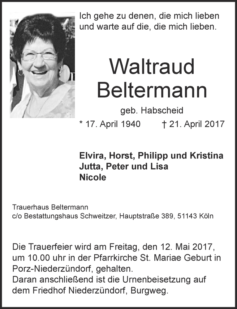  Traueranzeige für Waltraud Beltermann vom 03.05.2017 aus  Kölner Wochenspiegel 