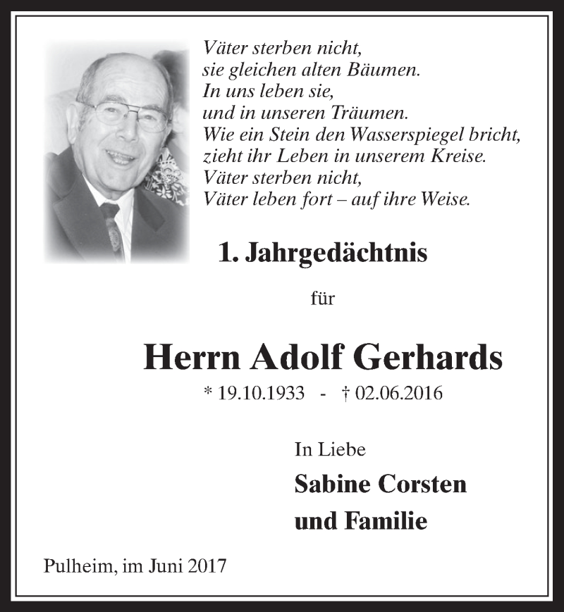  Traueranzeige für Adolf Gerhards vom 31.05.2017 aus  Wochenende 