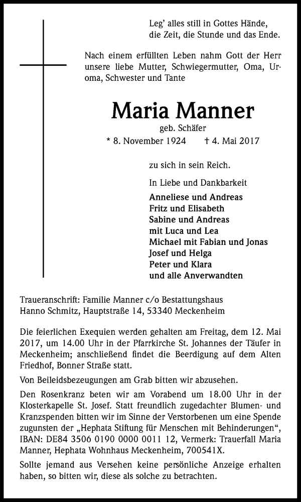  Traueranzeige für Maria Manner vom 10.05.2017 aus Kölner Stadt-Anzeiger / Kölnische Rundschau / Express