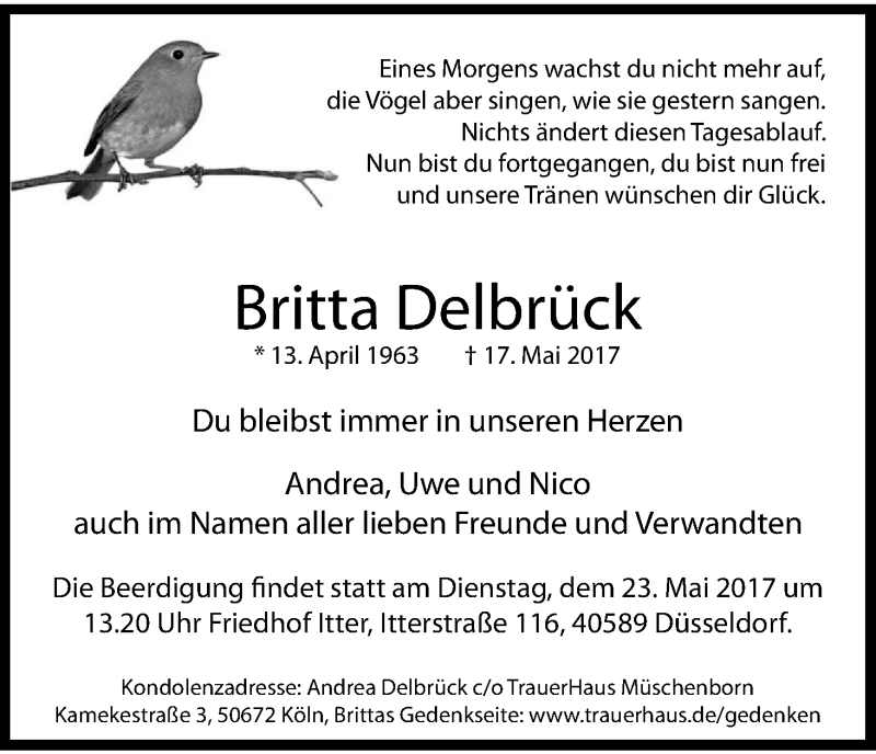  Traueranzeige für Britta Delbrück vom 20.05.2017 aus Kölner Stadt-Anzeiger / Kölnische Rundschau / Express