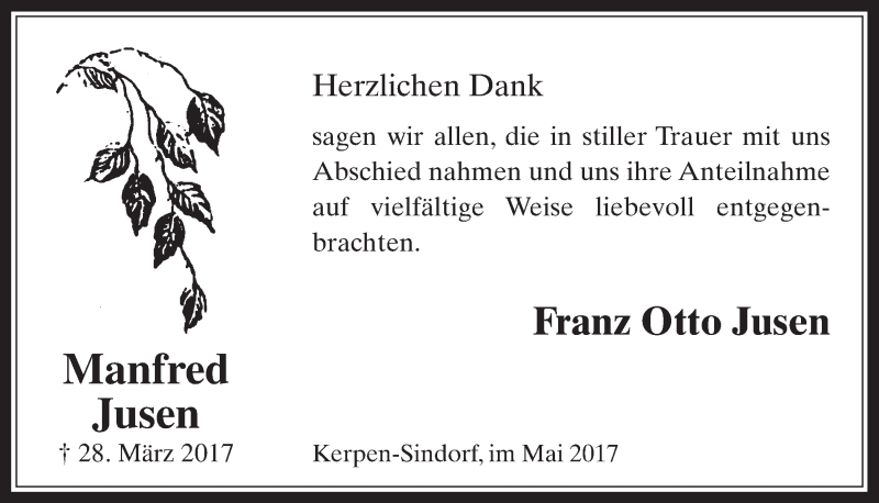  Traueranzeige für Manfred Jusen vom 10.05.2017 aus  Werbepost 