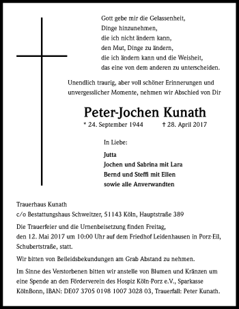 Anzeige von Peter-Jochen Kunath von Kölner Stadt-Anzeiger / Kölnische Rundschau / Express