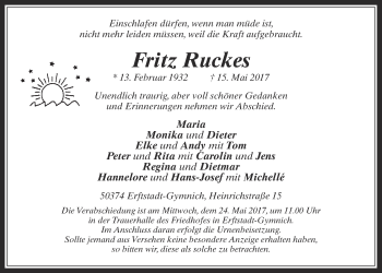 Anzeige von Fritz Ruckes von  Sonntags-Post 