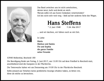 Anzeige von Hans Steffens von Kölner Stadt-Anzeiger / Kölnische Rundschau / Express