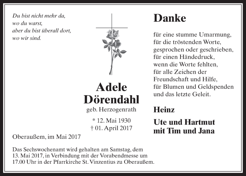  Traueranzeige für Adele Dörendahl vom 03.05.2017 aus  Werbepost 