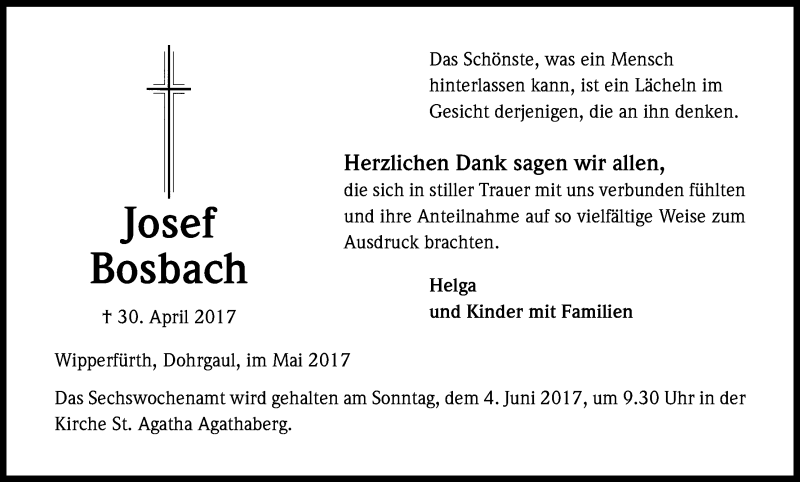  Traueranzeige für Josef Bosbach vom 27.05.2017 aus Kölner Stadt-Anzeiger / Kölnische Rundschau / Express