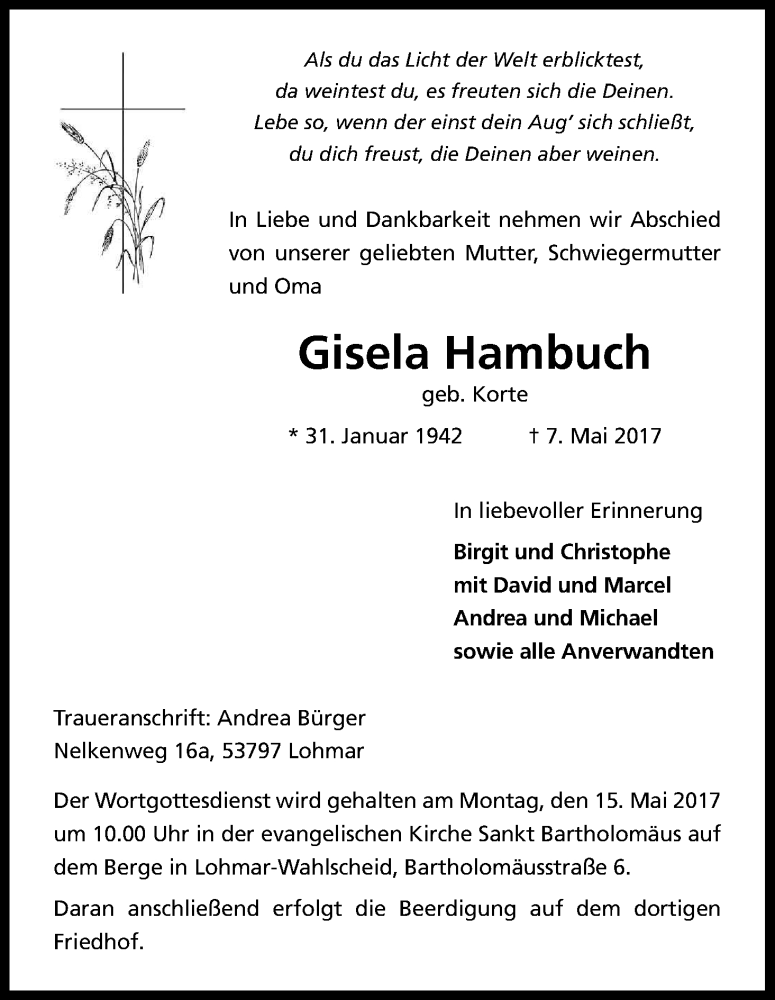  Traueranzeige für Gisela Hambuch vom 10.05.2017 aus Kölner Stadt-Anzeiger / Kölnische Rundschau / Express