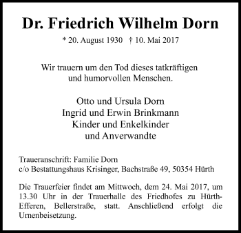 Anzeige von Friedrich-Wilhelm Dorn von Kölner Stadt-Anzeiger / Kölnische Rundschau / Express