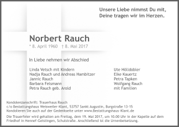 Anzeige von Norbert Rauch von Kölner Stadt-Anzeiger / Kölnische Rundschau / Express