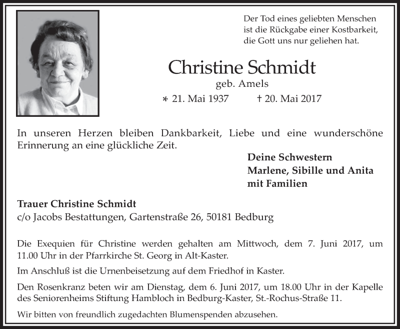  Traueranzeige für Christine Schmidt vom 31.05.2017 aus  Werbepost 